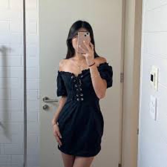 I.AM.GIA Black Mini Lace Up Puff Sleeve Off Shoulder Dress Sz M Party Club Ayla - Picture 5 of 12